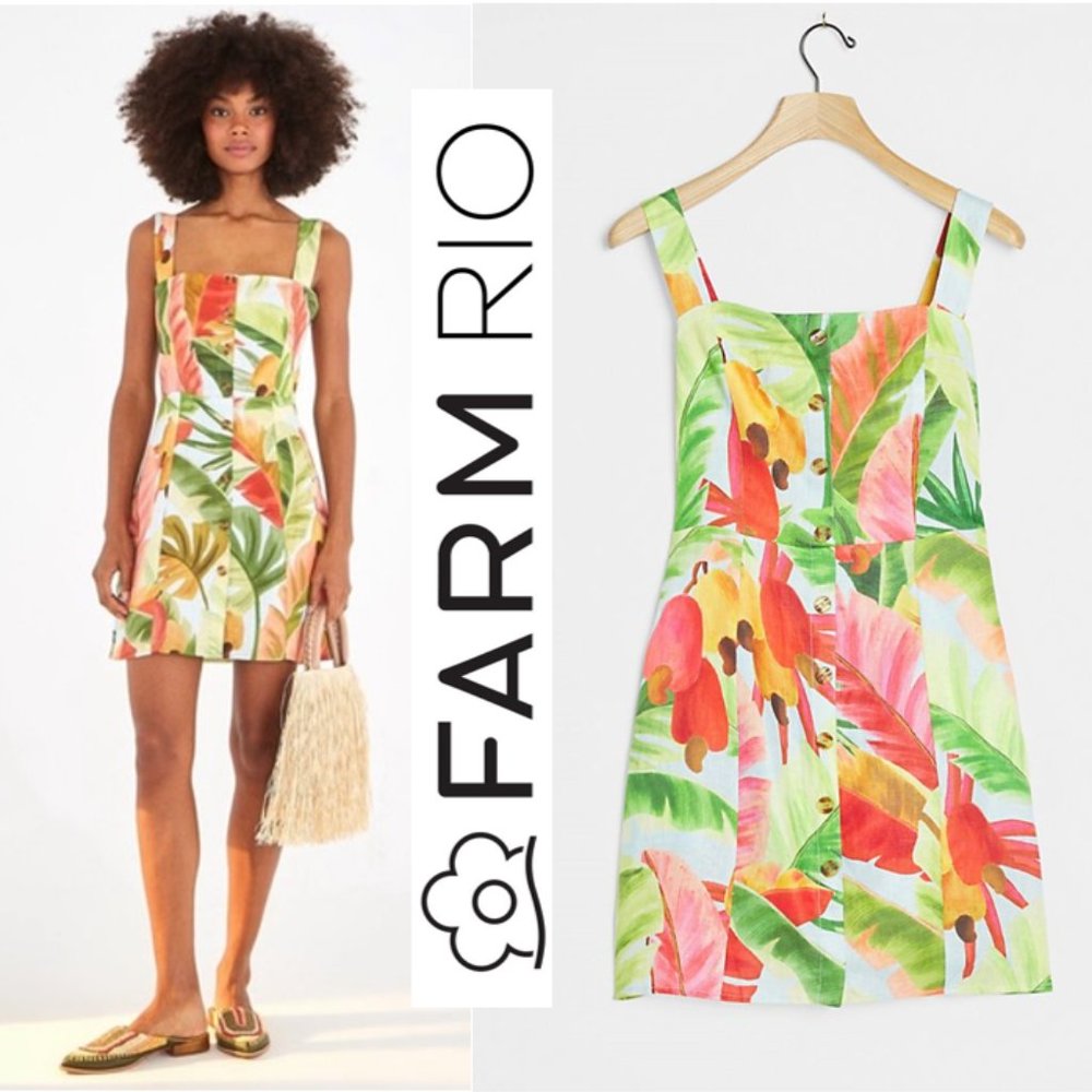 FARM Rio Tropical Floral Summer Vacation Linen Cotton Mini Dress Size XL